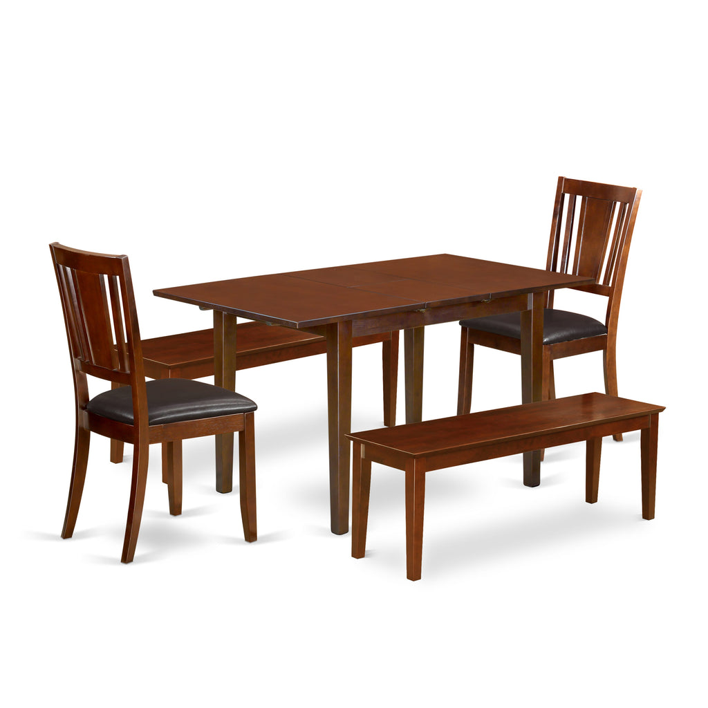 NODU5T-BHR-U5 Five-Piece Dining Ensemble with Rectangular Table, Butterfly Leaf, Faux Leather Chairs & Benches, 32x54 Mahogany