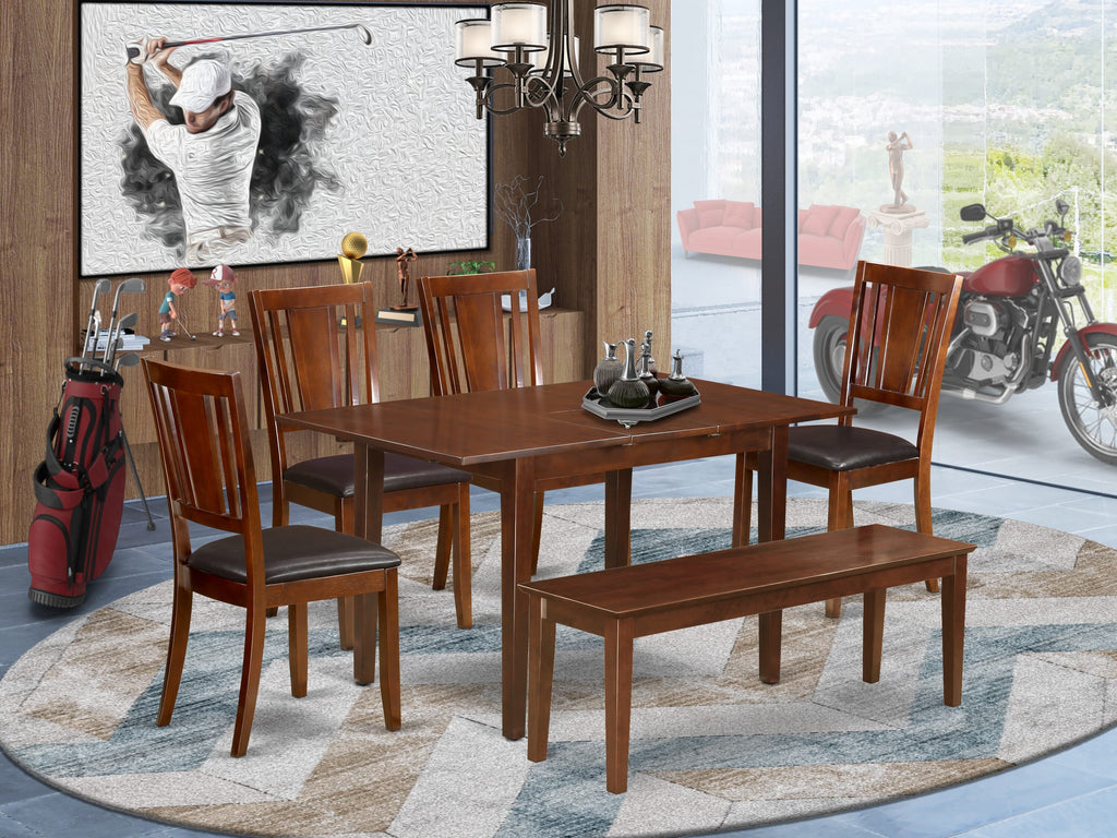 NODU64-I13-W6 Mahogany Dining Ensemble with Rectangular Leaf Table, Bench & 4 Upholstered Seats - 6 Piece Set