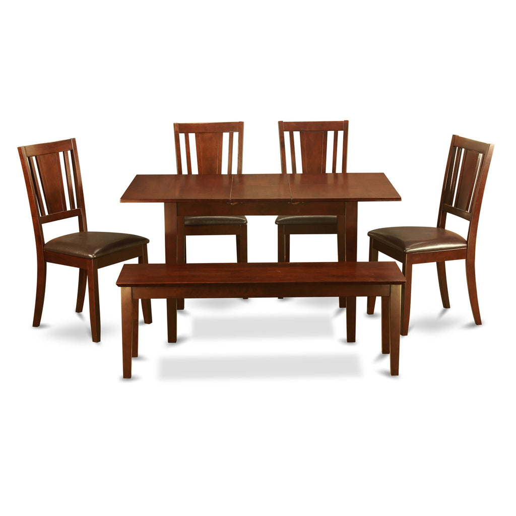 NODU64-I13-W6 Mahogany Dining Ensemble with Rectangular Leaf Table, Bench & 4 Upholstered Seats - 6 Piece Set