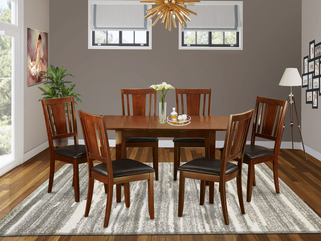 NODU7-RDF-0T 7-Piece Mahogany Dining Set Rectangular Table with Butterfly Extension & 6 Faux Leather Chairs