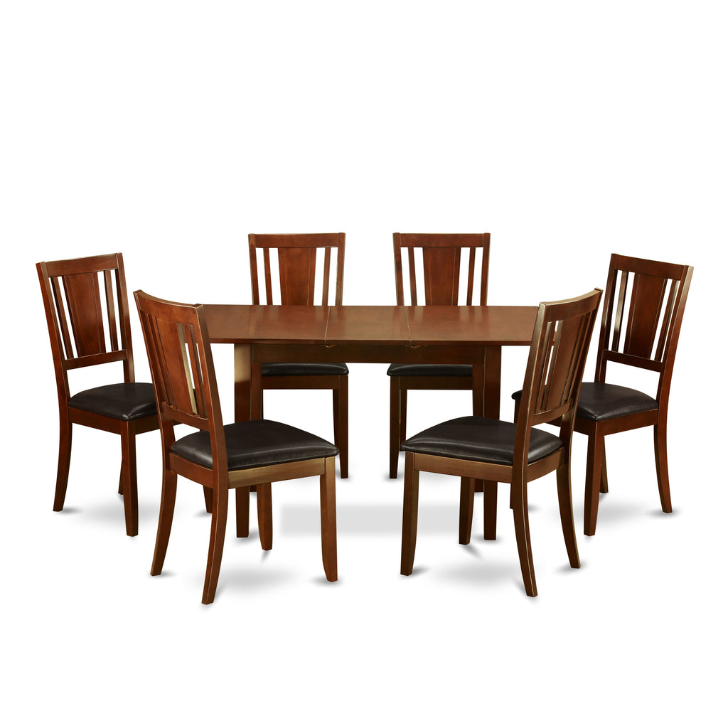 NODU7-RDF-0T 7-Piece Mahogany Dining Set Rectangular Table with Butterfly Extension & 6 Faux Leather Chairs