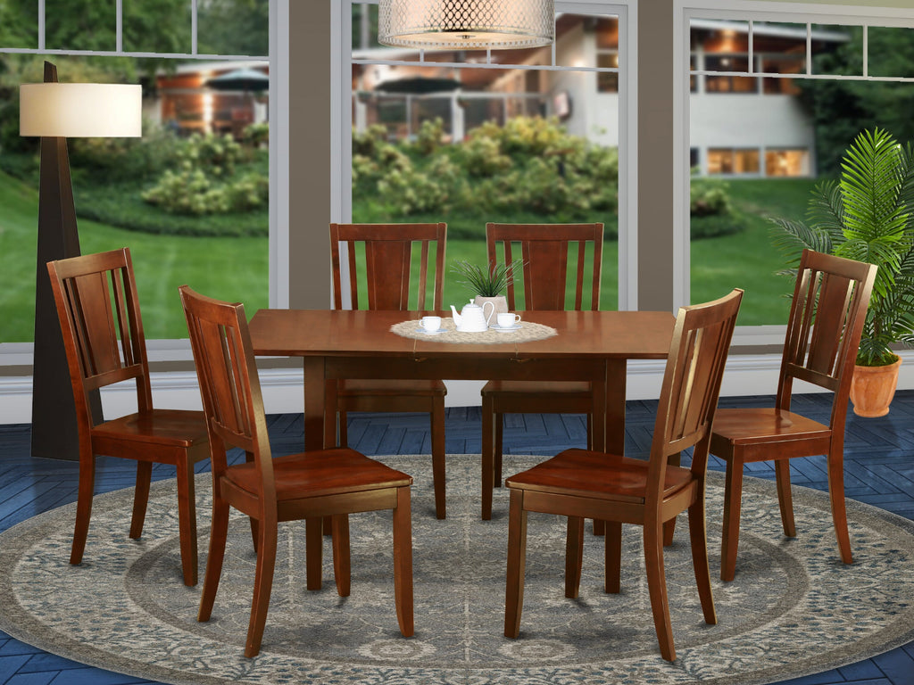 NODU7-3HL-P Elegant 7-Pc Rectangular Mahogany Dining Set with Extendable Butterfly Leaf and Chairs