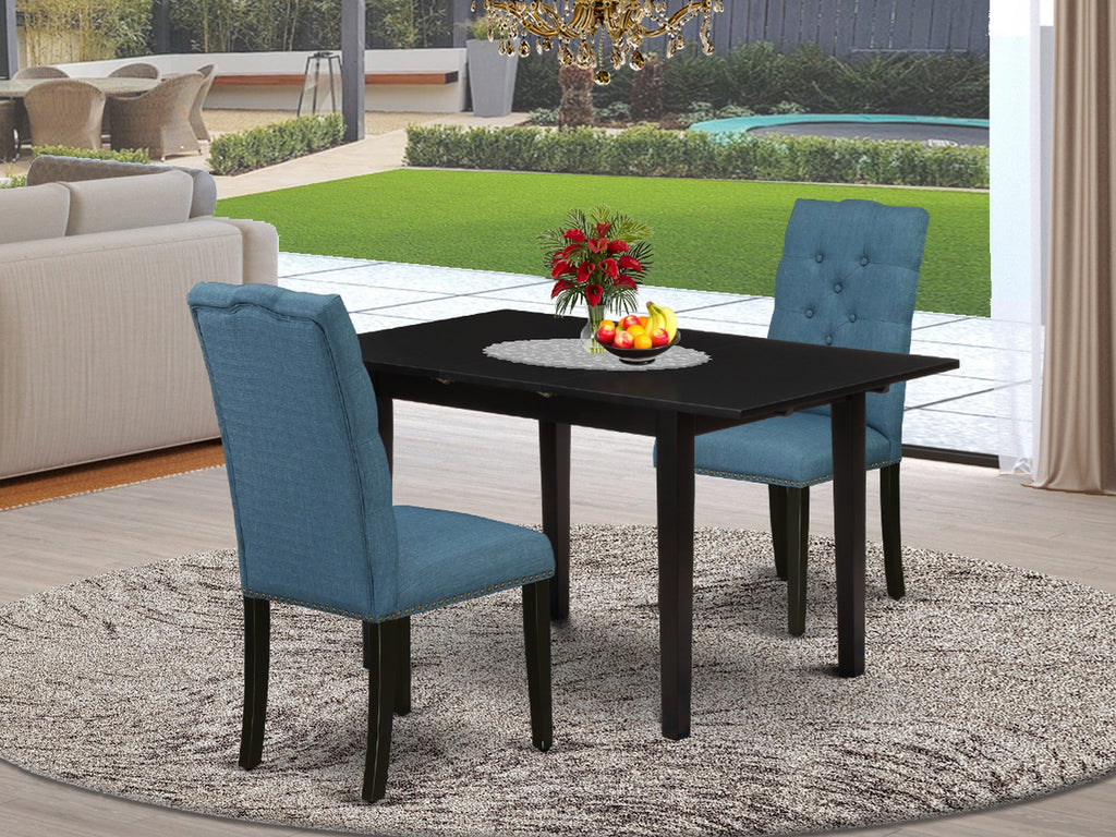 NOEL3-AHK-I3 Stylish 3 Piece Dining Ensemble Rectangular Table & Chairs with Butterfly Leaf & Blue Fabric