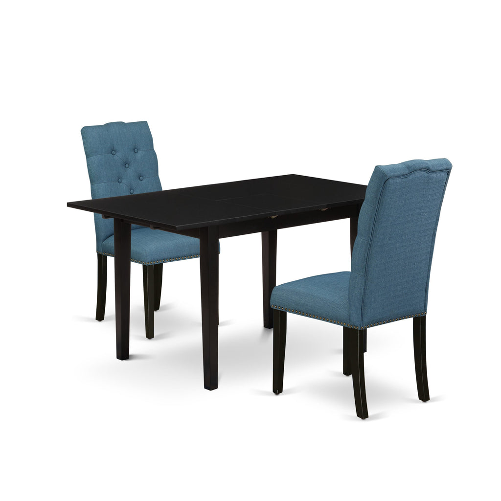 NOEL3-AHK-I3 Stylish 3 Piece Dining Ensemble Rectangular Table & Chairs with Butterfly Leaf & Blue Fabric