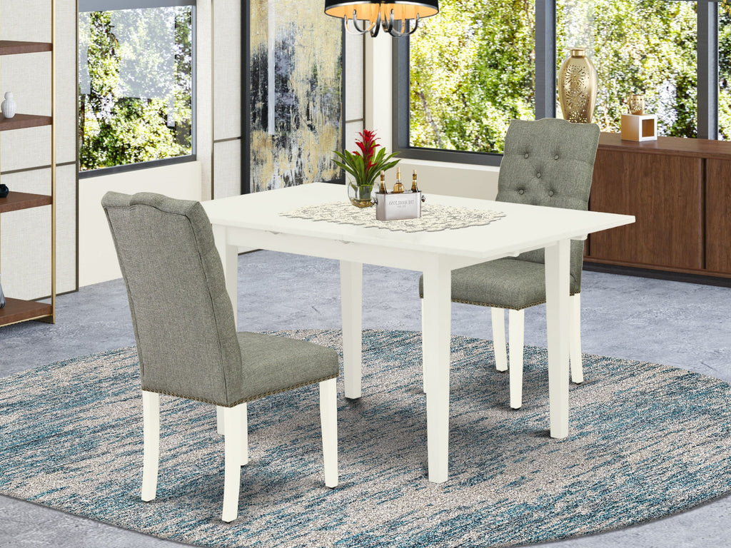 NOEL3-4T3-LH 3 Piece Dining Set with Rectangle Table & Butterfly Leaf, Parson Chairs in Gray Linen - 32x54 Linen White