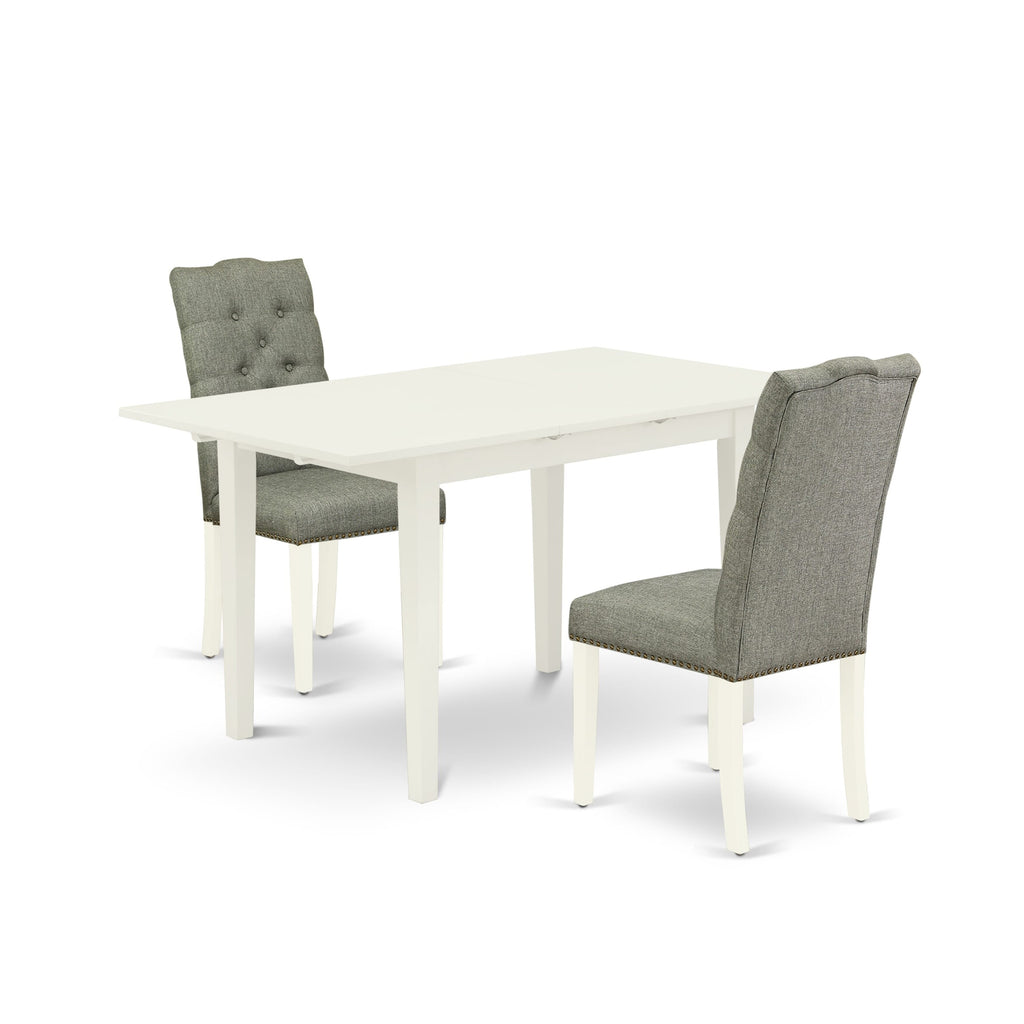 NOEL3-4T3-LH 3 Piece Dining Set with Rectangle Table & Butterfly Leaf, Parson Chairs in Gray Linen - 32x54 Linen White