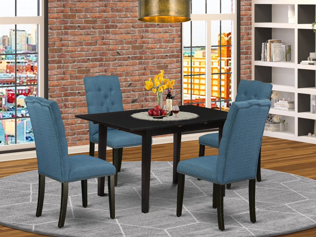 Deluxe NOEL5-Z10-V7 5-Piece Dining Ensemble with Expanding Table & Blue Fabric Seats