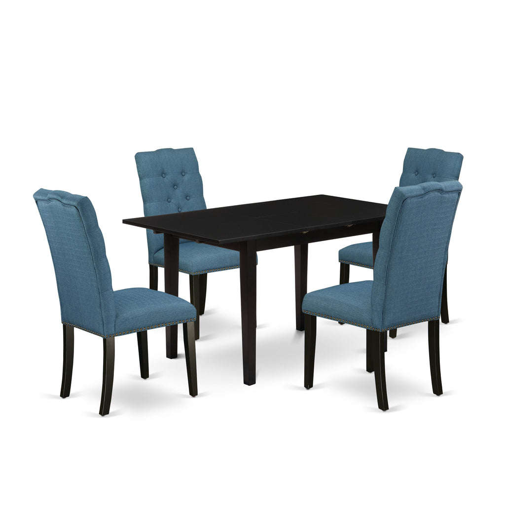 Deluxe NOEL5-Z10-V7 5-Piece Dining Ensemble with Expanding Table & Blue Fabric Seats