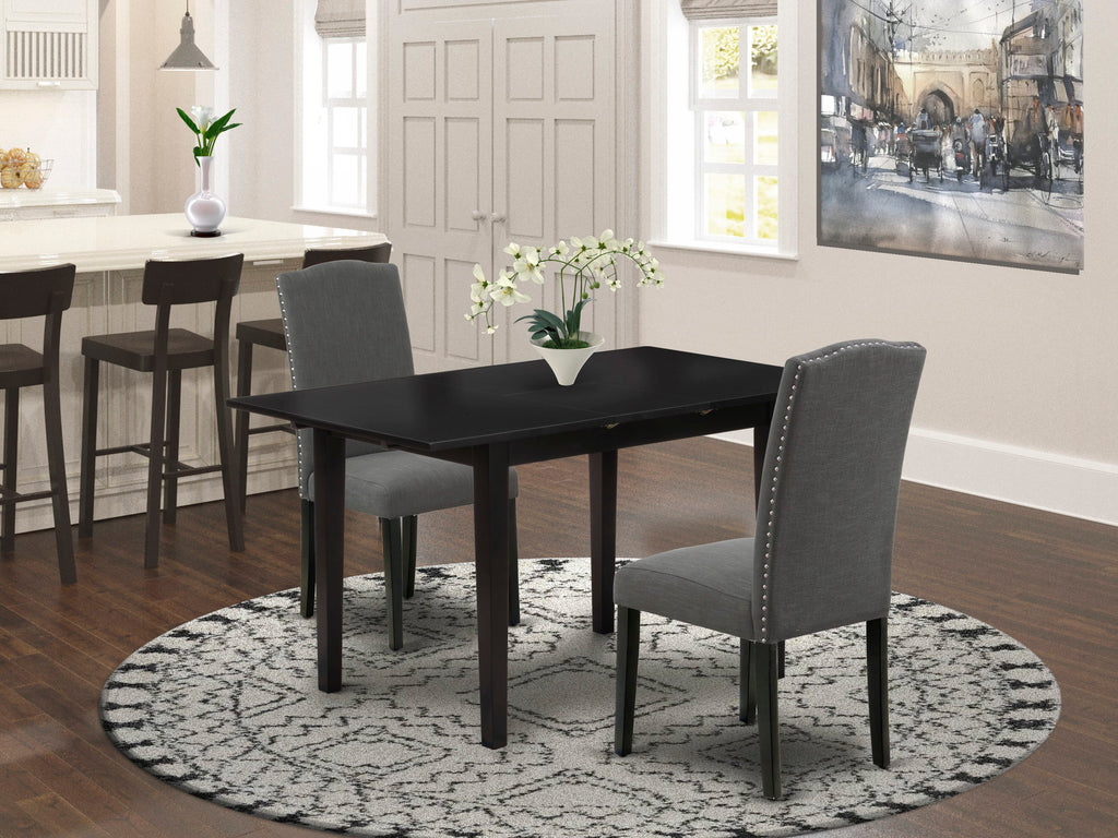NOEN3-RIQ-EN 3-Piece Dining Set with Expandable Rectangular Table and Two Dark Linen Chairs, 32x54, Jet Black