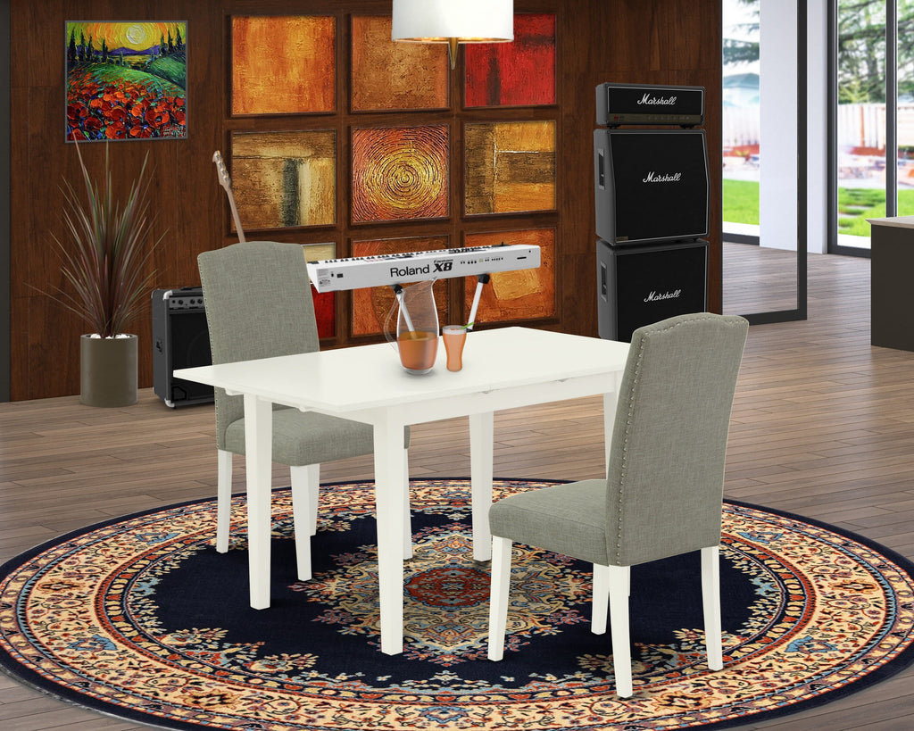 NOEN3-QQX-0M 3 Pcs Dining Set Table with Butterfly Leaf, Fabric Chairs, 32x54 in, White