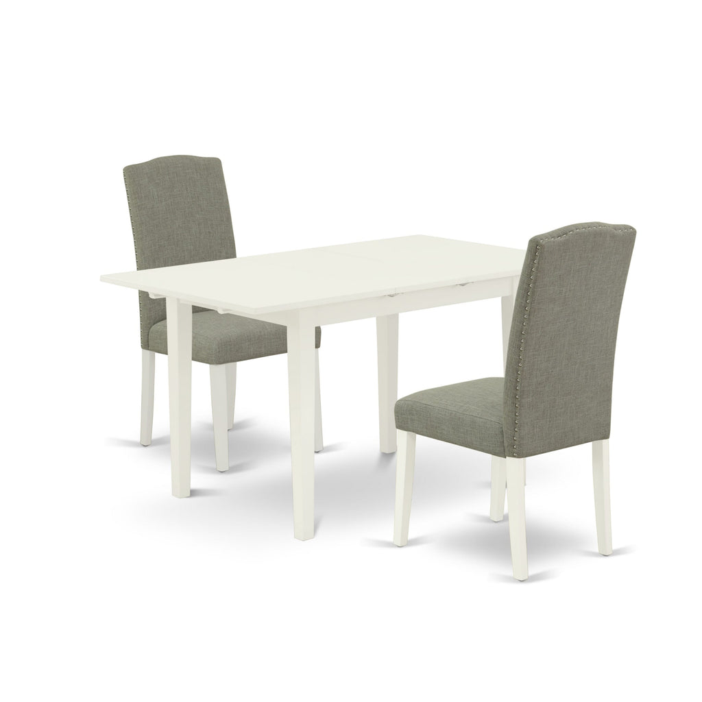 NOEN3-QQX-0M 3 Pcs Dining Set Table with Butterfly Leaf, Fabric Chairs, 32x54 in, White