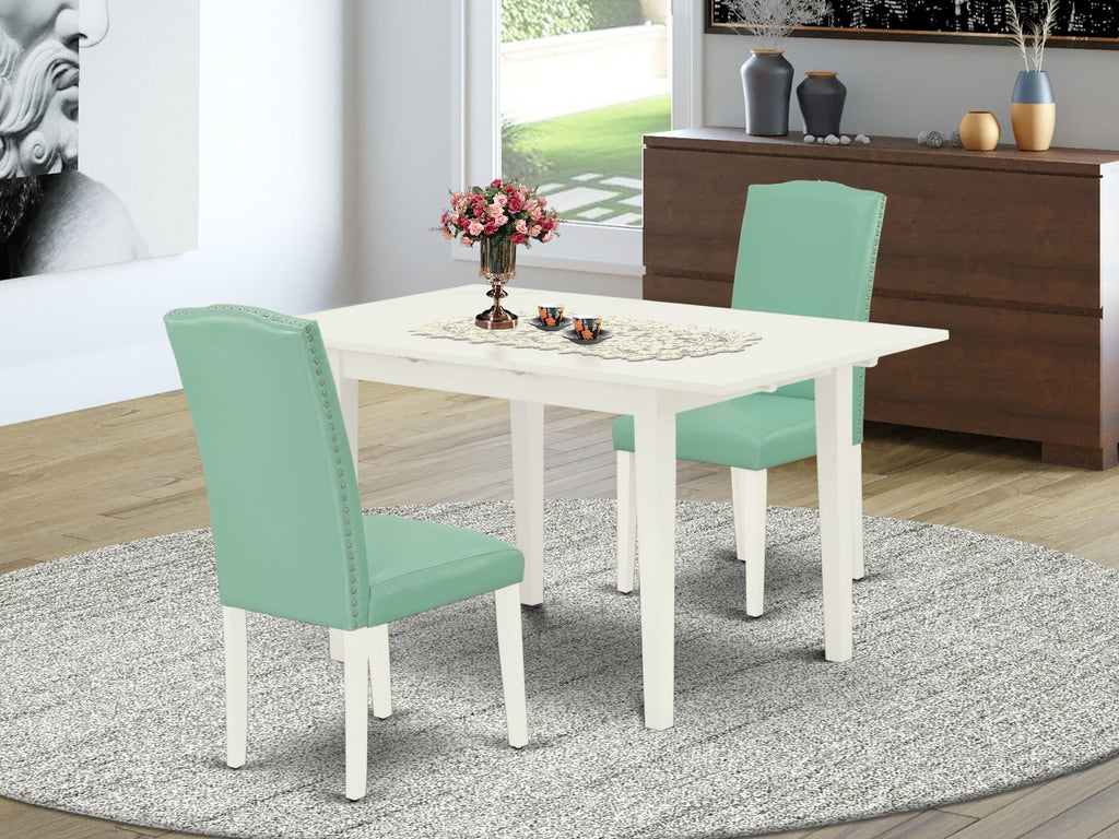 NOEN3-RI8-YS Dining Set Rectangular Table with Extendable Leaf, 2 Faux Leather Seat Chairs, Linen White