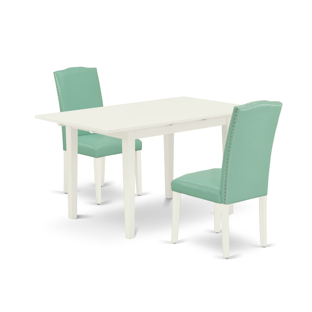 NOEN3-RI8-YS Dining Set Rectangular Table with Extendable Leaf, 2 Faux Leather Seat Chairs, Linen White