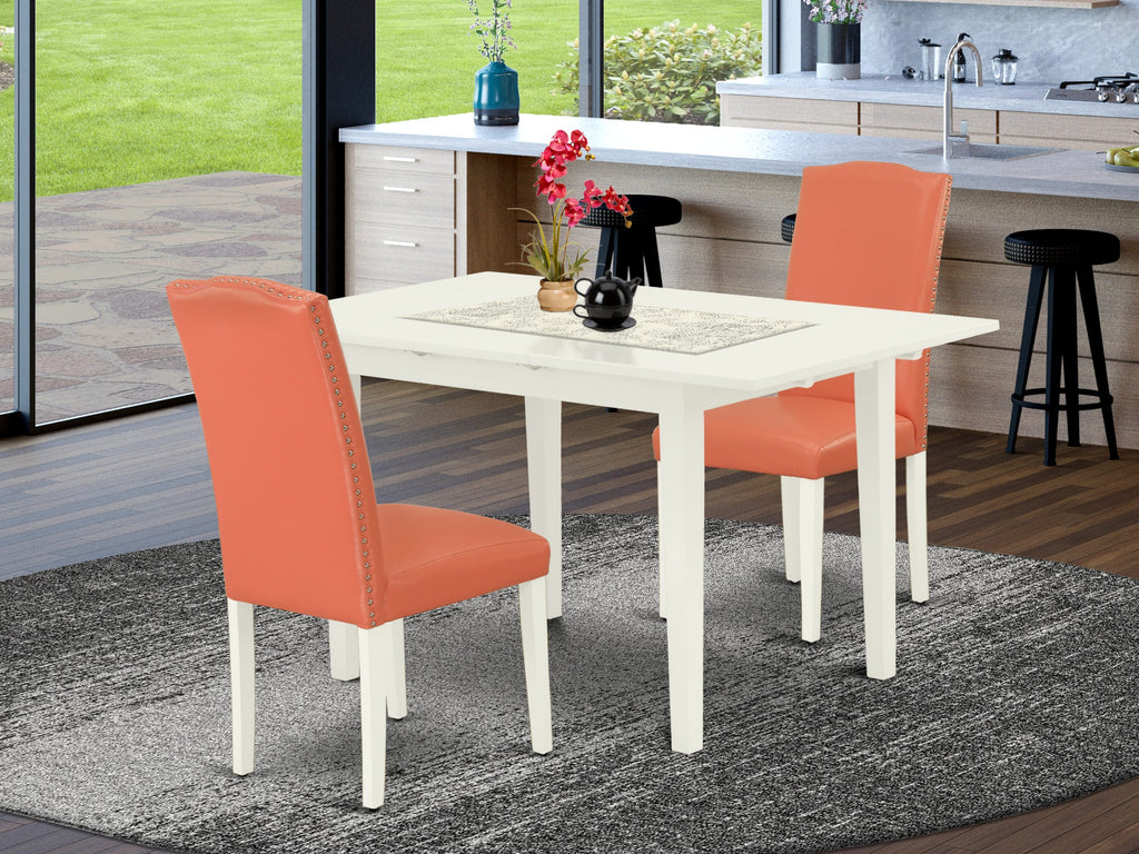 NOEN3-253-LN 3 Piece Dining Set Rectangular Table with Butterfly Leaf and 2 Upholstered Chairs, Pink and White Combo