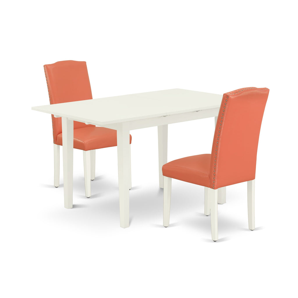 NOEN3-253-LN 3 Piece Dining Set Rectangular Table with Butterfly Leaf and 2 Upholstered Chairs, Pink and White Combo