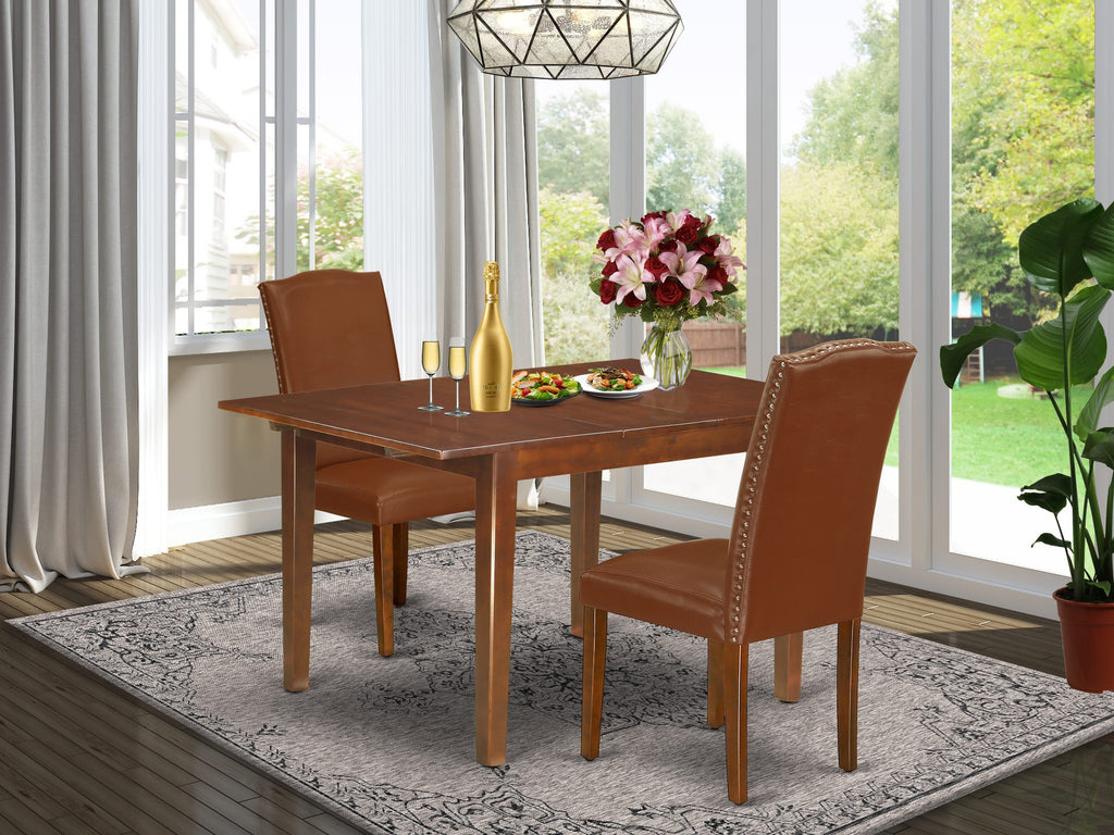 NOEN3-F6K Modern 3 Seat Dining Set with Extendable Table and Cushioned Brown Chairs, 32x54