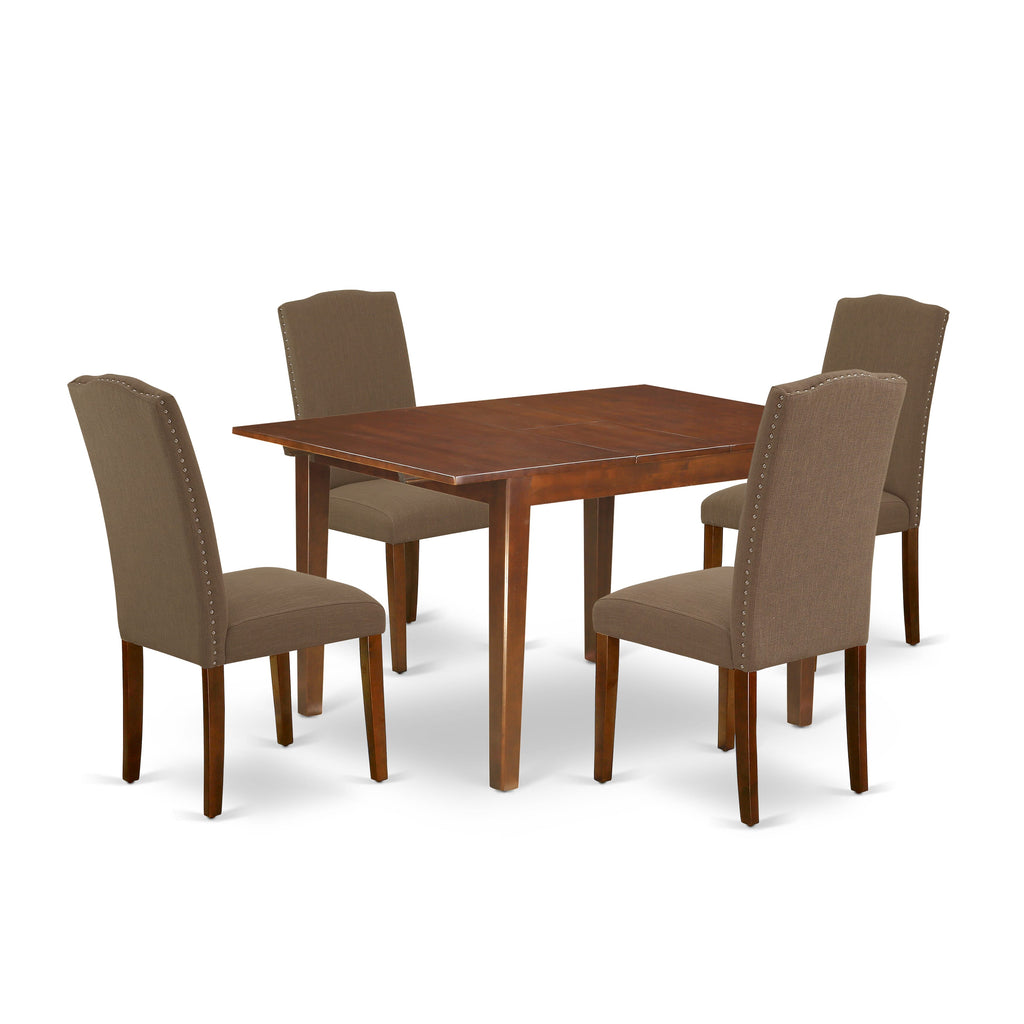 NOEN5-O1B-59 5-Piece Rectangular Dining Set, Butterfly Leaf Table & 4 Linen Fabric Chairs, Mahogany Finish