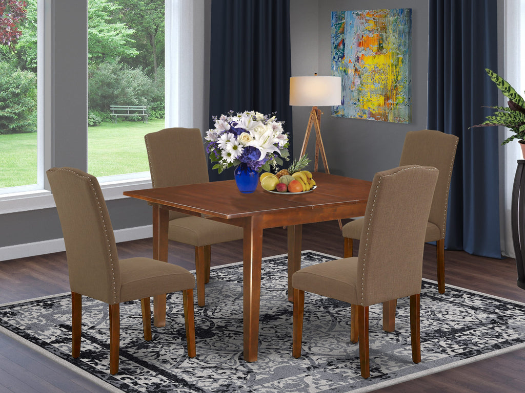 NOEN5-O1B-59 5-Piece Rectangular Dining Set, Butterfly Leaf Table & 4 Linen Fabric Chairs, Mahogany Finish