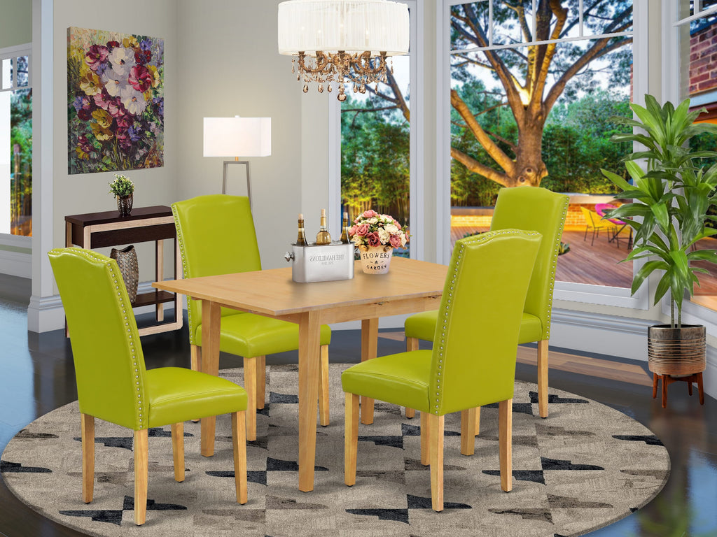 NOEN5-SEH-VB 5-Piece Dining Ensemble with Rectangle Table, Butterfly Leaf, and 4 Autumn Green Leatherette Seats, 32x54 Inch Oak Finish