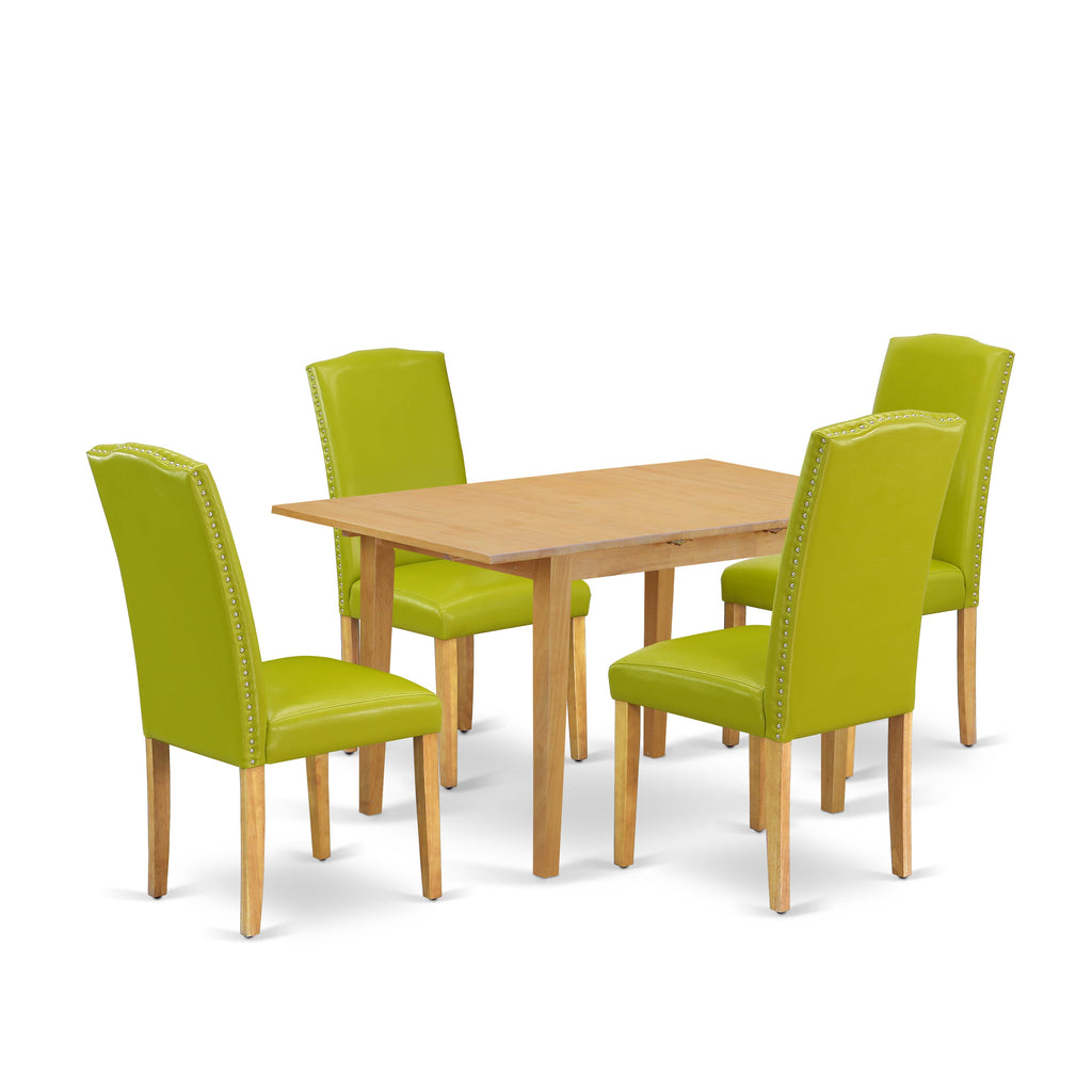 NOEN5-SEH-VB 5-Piece Dining Ensemble with Rectangle Table, Butterfly Leaf, and 4 Autumn Green Leatherette Seats, 32x54 Inch Oak Finish