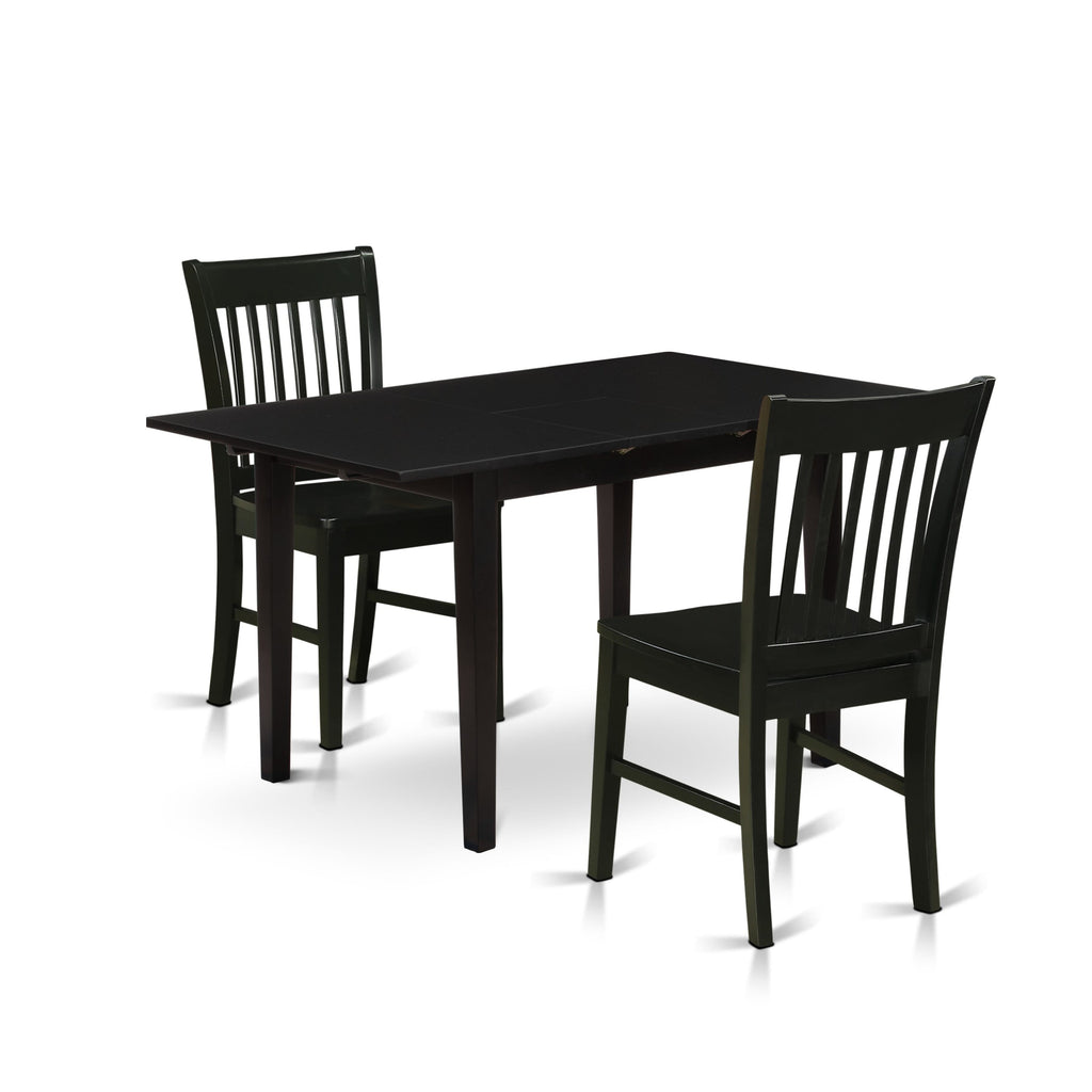 NOFK3-NFD-F 3 Piece Kitchen Set with Rectangular Table and Butterfly Leaf, 32x54 In, Black Finish