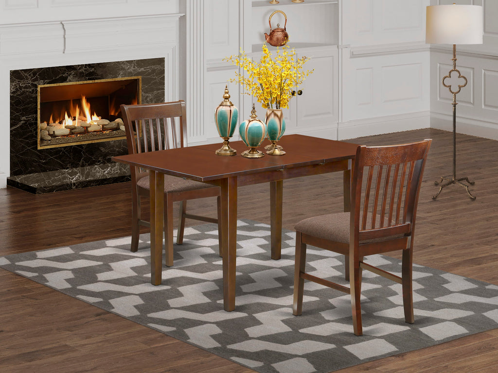 NOFK3-41K-B Dining Ensemble Rectangular Table with Expandable Leaf & 2 Upholstered Chairs, 32x54 Mahogany Finish