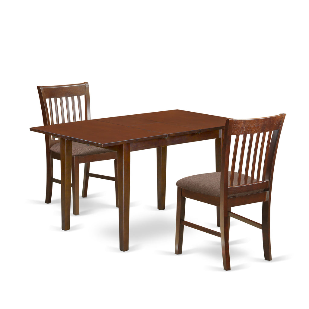 NOFK3-41K-B Dining Ensemble Rectangular Table with Expandable Leaf & 2 Upholstered Chairs, 32x54 Mahogany Finish