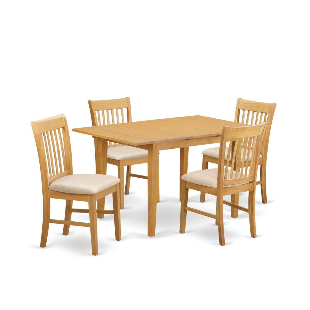 NOFK5-8JP-J Dining Set with Expanding Table and Four Fabric Chairs - Oak Finish, 54 by 32
