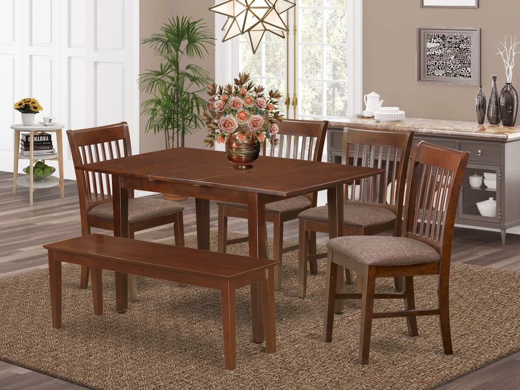 NOFK6P-0LC-5 Stunning Mahogany Dining Set with Expandable Table, Upholstery Chairs & Bench, 32x54