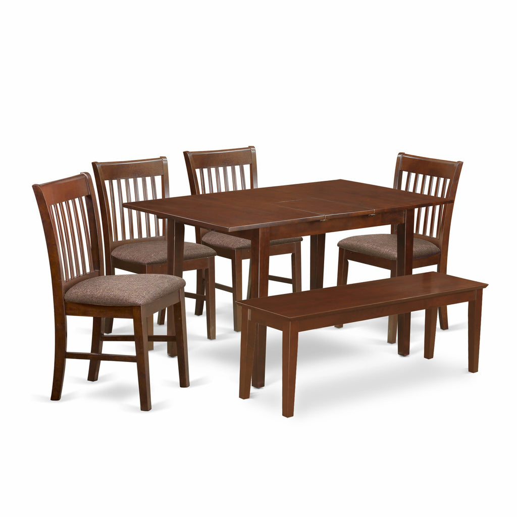 NOFK6P-0LC-5 Stunning Mahogany Dining Set with Expandable Table, Upholstery Chairs & Bench, 32x54