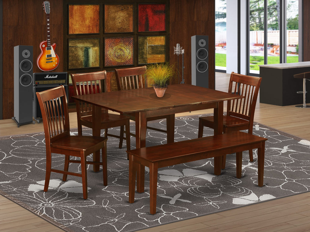 NOFK6Y-996-K Elegant 6-Piece Dining Ensemble Rectangle Table with Butterflies Leaf, Chairs & Bench, Mahogany Finish, 32x54