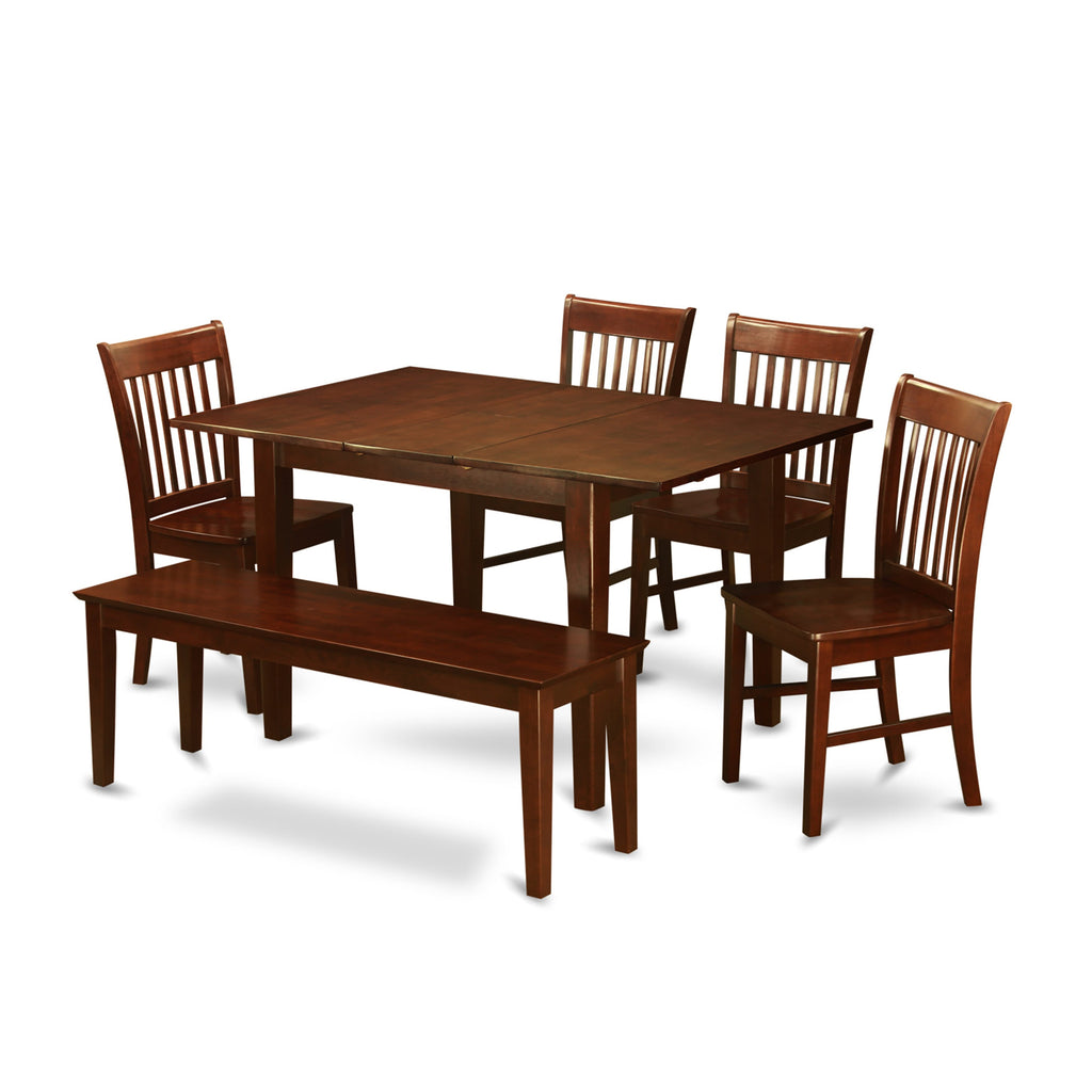 NOFK6Y-996-K Elegant 6-Piece Dining Ensemble Rectangle Table with Butterflies Leaf, Chairs & Bench, Mahogany Finish, 32x54