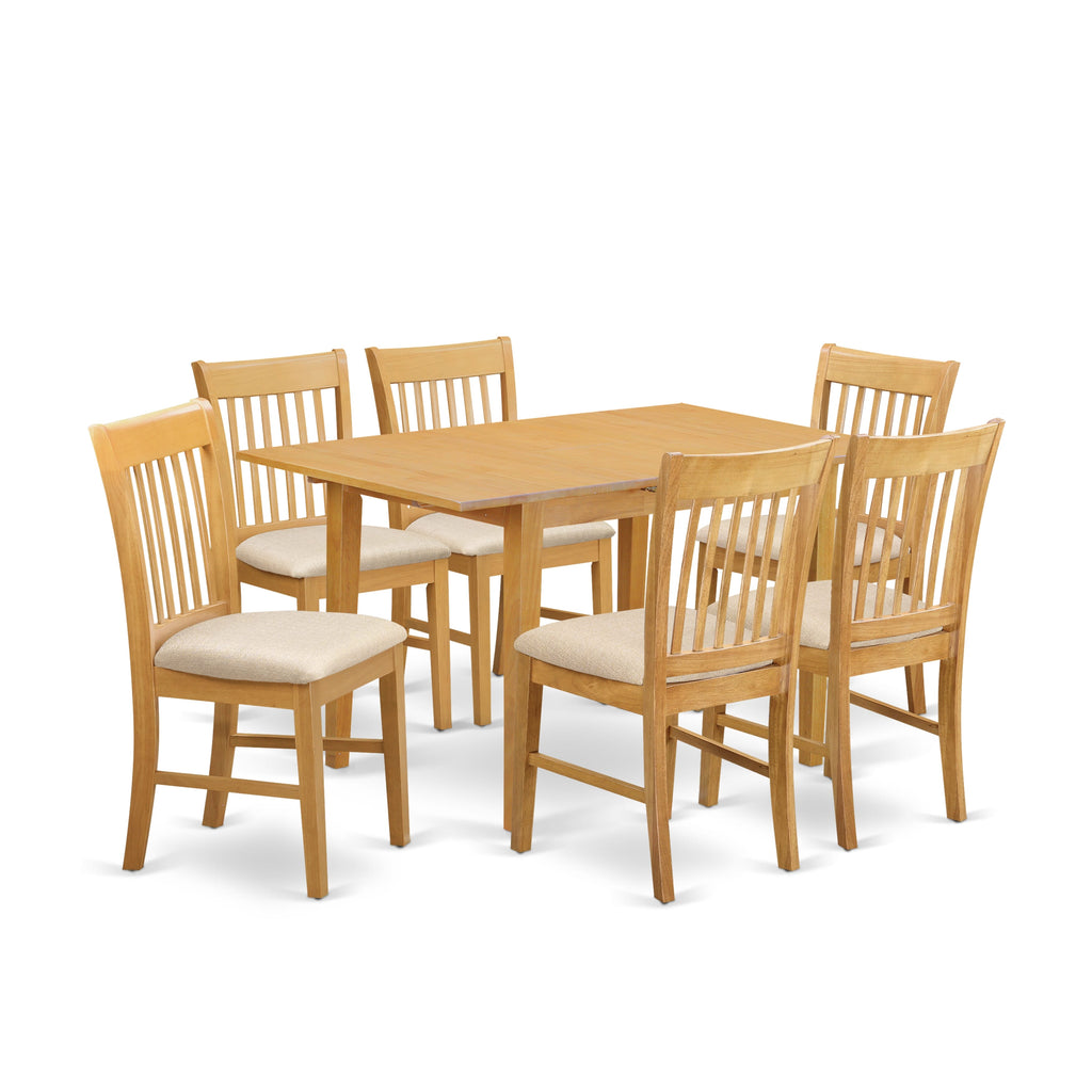 Stylish NOFK7-KNR-0 Ensemble 7 Piece Wood Dining Set with Rectangle Table, Butterfly Leaf, & 6 Linen Seats - OakCharm