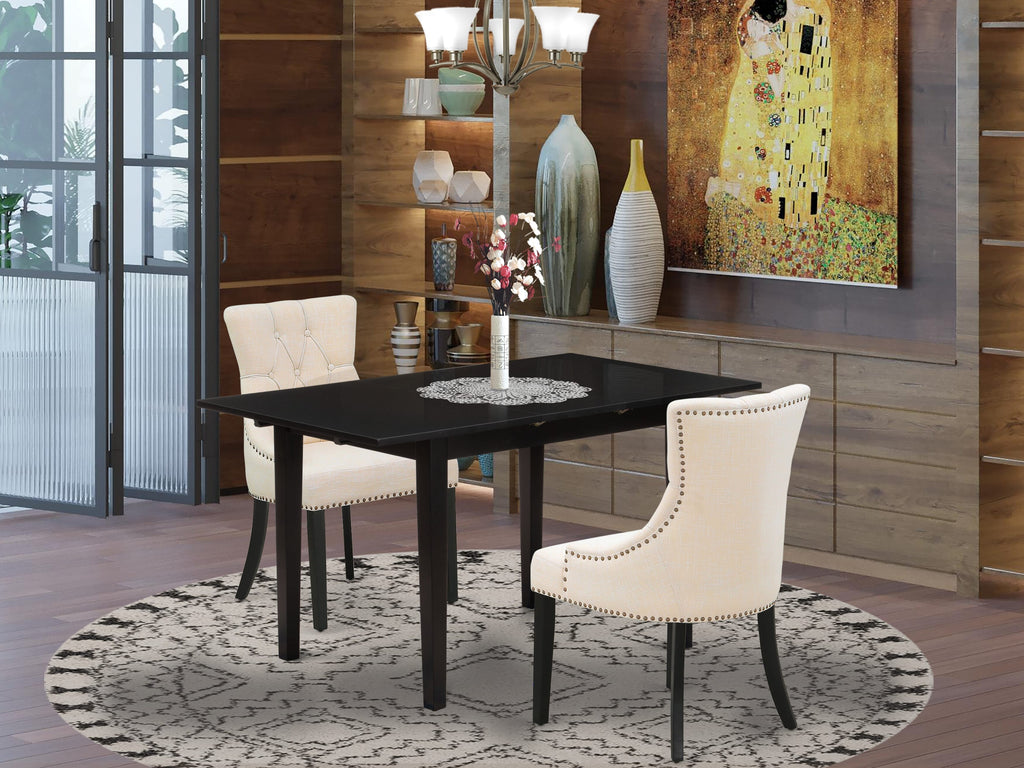 NOFR3-GR4-SR 3-Piece Dining Set with Rectangular Butterfly Leaf Table & 2 Beige Fabric Chairs, 32x54 Inch, Black Finish