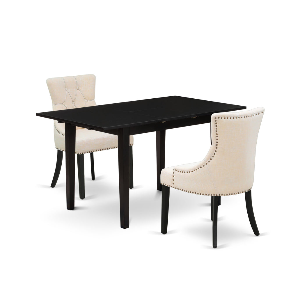 NOFR3-GR4-SR 3-Piece Dining Set with Rectangular Butterfly Leaf Table & 2 Beige Fabric Chairs, 32x54 Inch, Black Finish