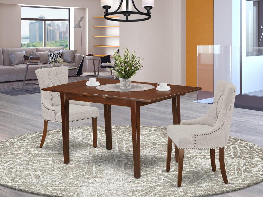 NOFR3-Y8F-JI 3-Piece Dining Collection Rectangular Table with Extension & Two Upholstered Chairs, Mahogany Finish