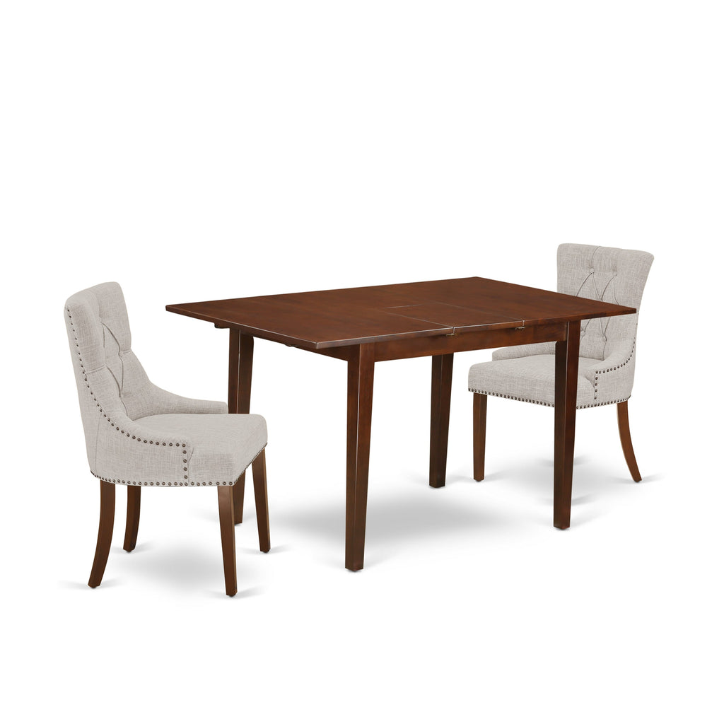 NOFR3-Y8F-JI 3-Piece Dining Collection Rectangular Table with Extension & Two Upholstered Chairs, Mahogany Finish