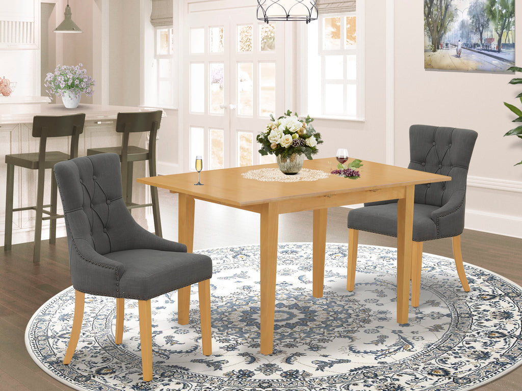 NOFR3-GFK-KS 3-Piece Dining Set Compact Rectangle Table, Butterfly Leaf & 2 Elegant Gotham Linen Chairs in Oak Finish