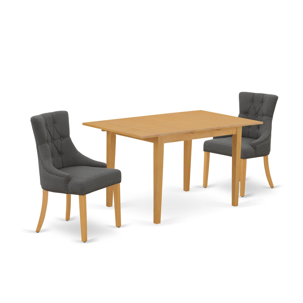 NOFR3-GFK-KS 3-Piece Dining Set Compact Rectangle Table, Butterfly Leaf & 2 Elegant Gotham Linen Chairs in Oak Finish