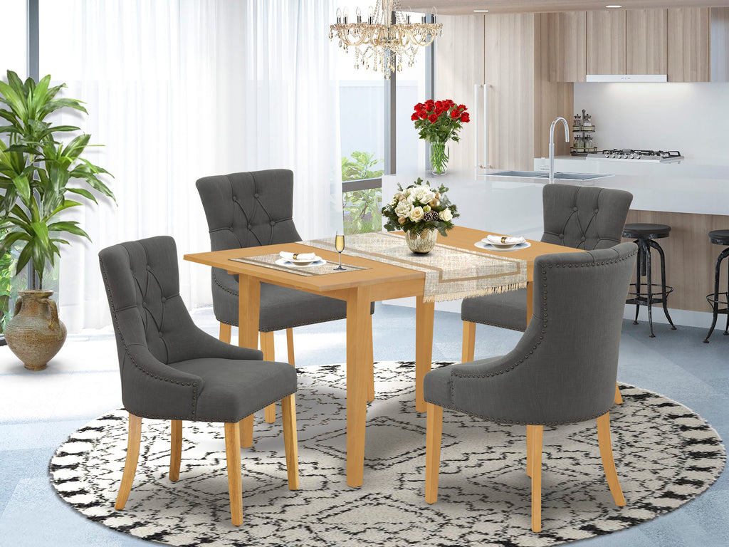 NOFR5-EX9-JL 5 Piece Dining Set with Butterfly Leaf Rectangle Table and 4 Linen Chairs, 32x54 Oak