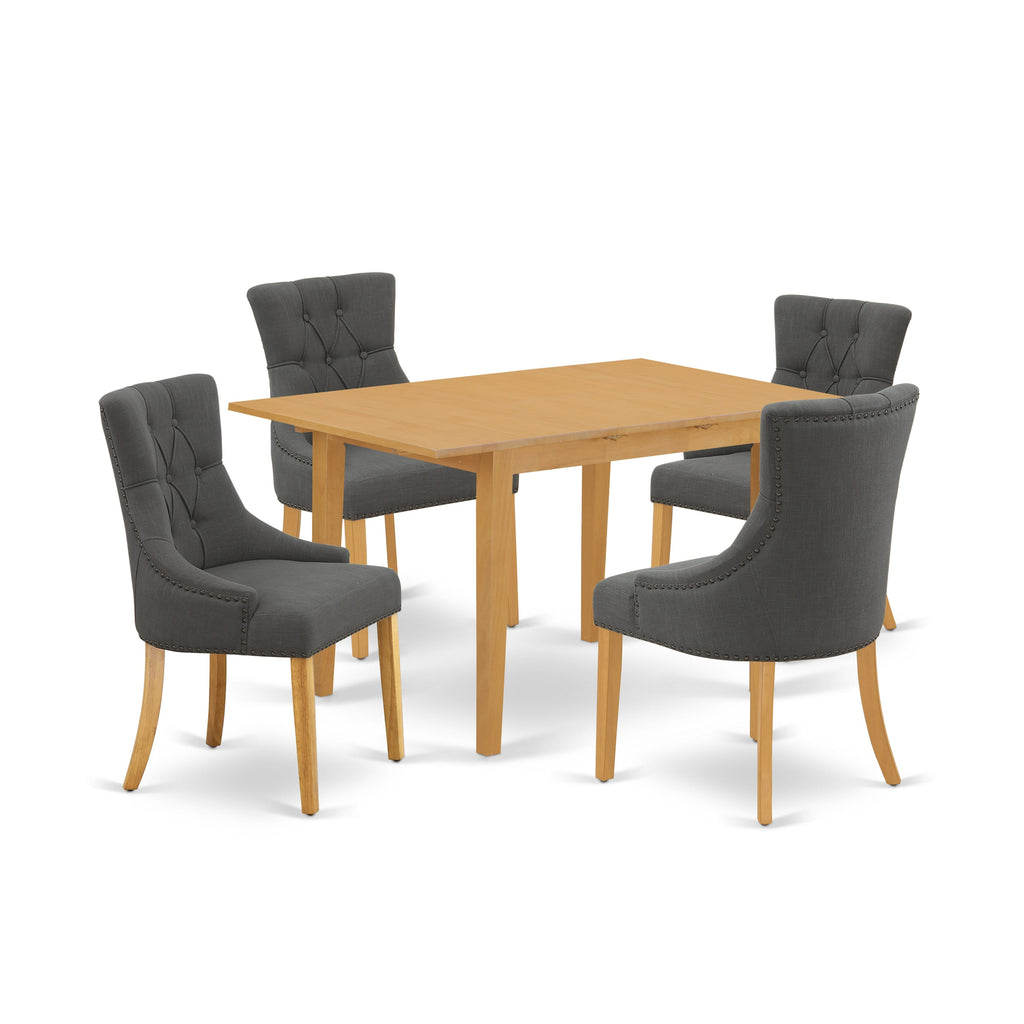 NOFR5-EX9-JL 5 Piece Dining Set with Butterfly Leaf Rectangle Table and 4 Linen Chairs, 32x54 Oak