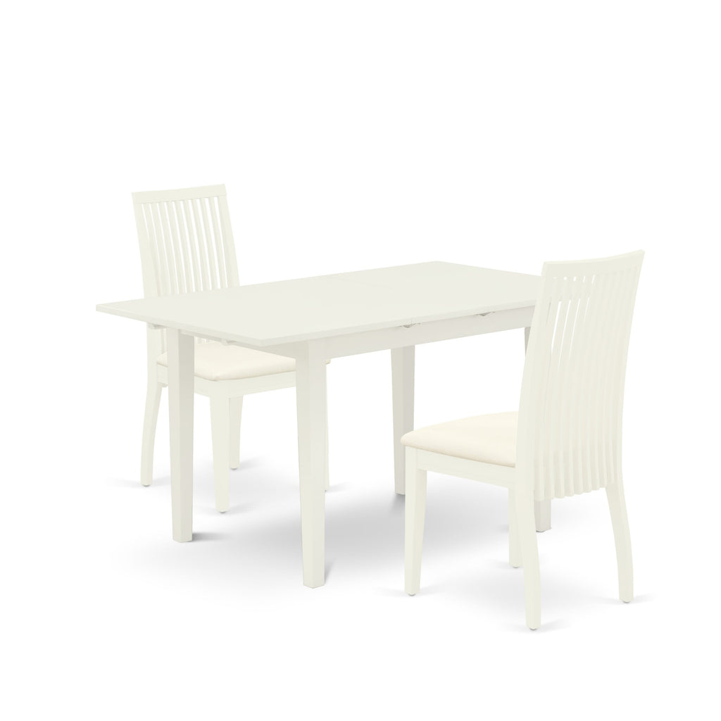 NOIP3-YR2-G 3-Piece Dining Set Elegant Rectangle Table & Two Linen Chairs with Butterfly Extension, 32x54 in Arched White Finish