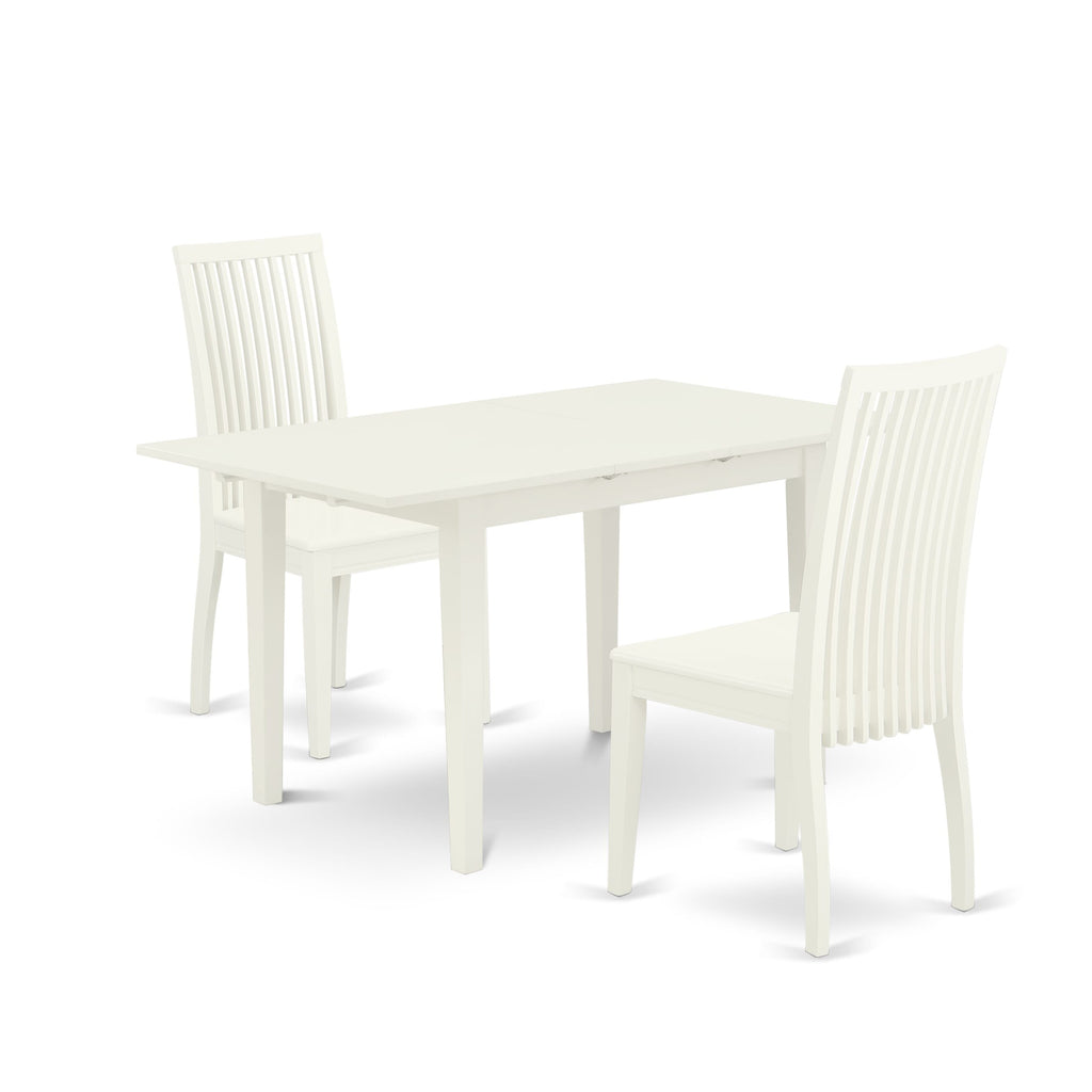 NOIP3-XHT-L Three-Piece Dining Set Expanding Table and Chairs for Compact Areas, White Finish