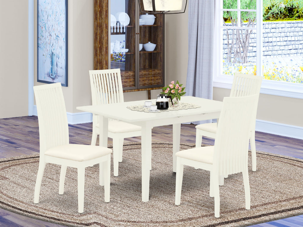 NOIP5-0P1-H Elegant 5-Piece Rectangle Dining Collection, Expandable Table & Soft Linen Chairs in Breezy White