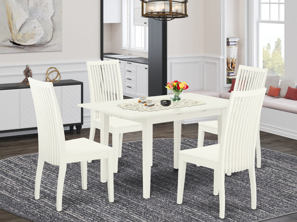 NOIP5-ZVW-X 5 Piece Dining Ensemble Elegant White Rectangle Table with Butterfly Leaf and 4 Stylish Chairs
