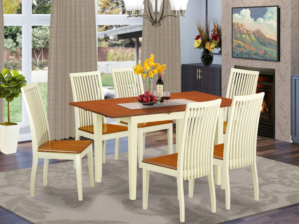 NOIP7-RYO-M Dining Set with Rectangular Extension Table and 6 Chairs in Rustic Buttermilk and Cherry Finish