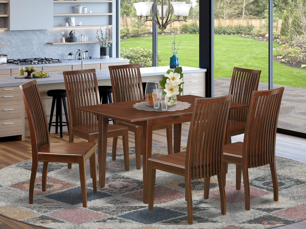 NOIP7-MK9-7 Dining Ensemble of Table with Butterfly Extension & 6 Chairs, Mahogany Finish, 7-Piece Set