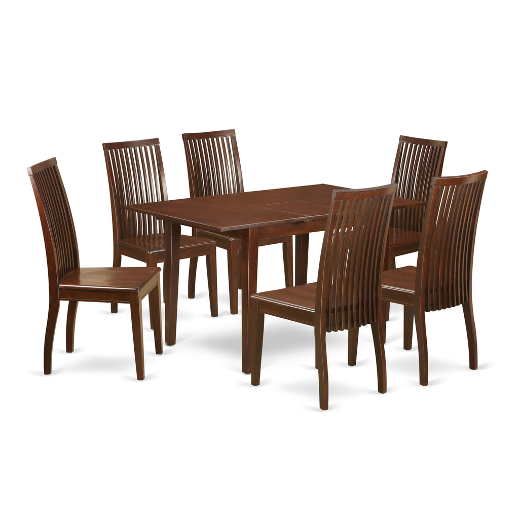 NOIP7-MK9-7 Dining Ensemble of Table with Butterfly Extension & 6 Chairs, Mahogany Finish, 7-Piece Set