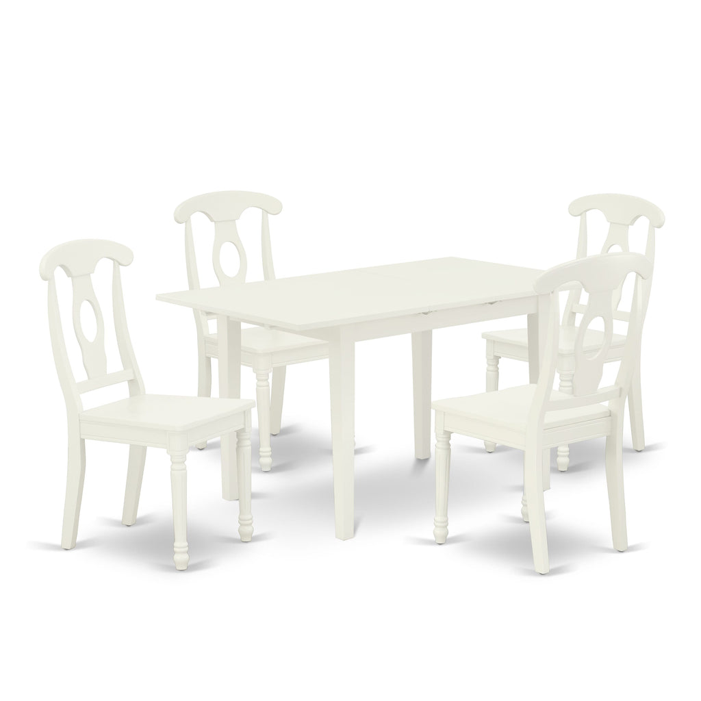 NOKE5-HPU-M 5 Piece Dining Ensemble with Rectangular Table and Extension Leaf, Plus Four Chairs in Elegant Linen White Finish