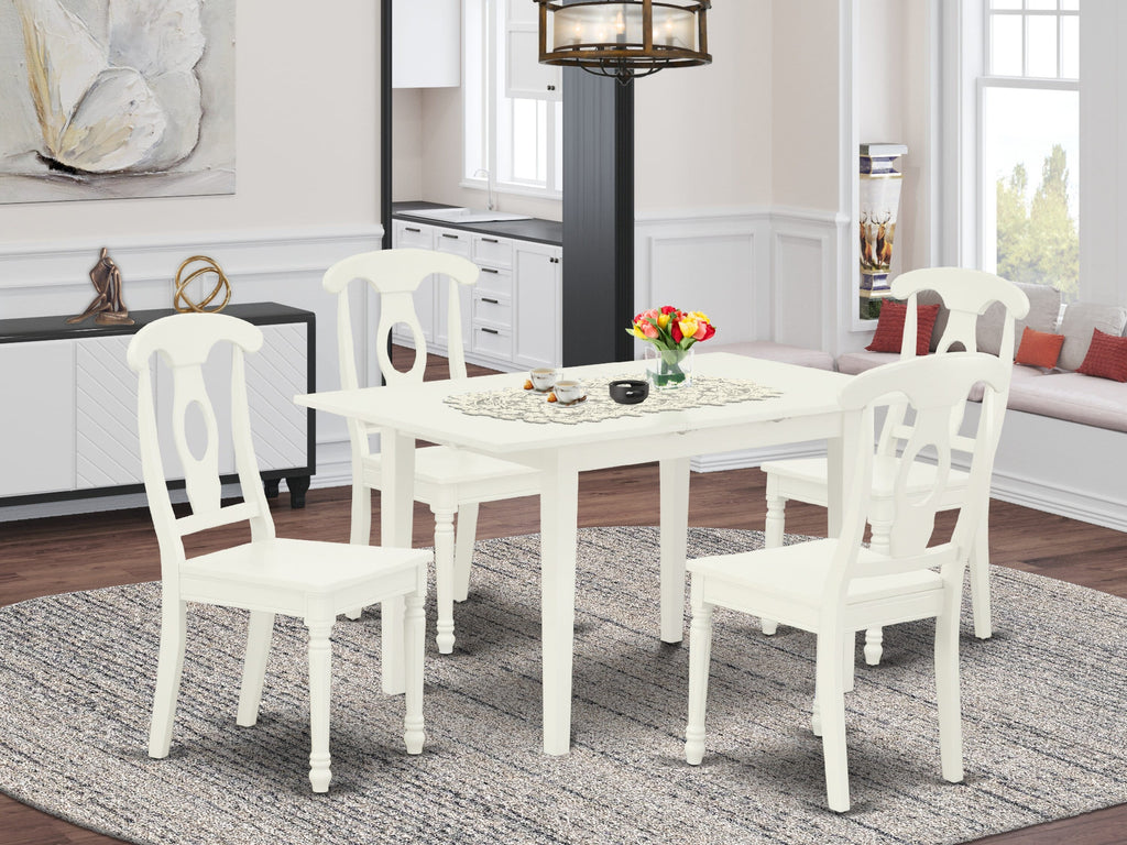 NOKE5-HPU-M 5 Piece Dining Ensemble with Rectangular Table and Extension Leaf, Plus Four Chairs in Elegant Linen White Finish